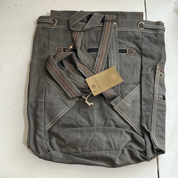 Clea Ray, Gray & Brown, Repurposed Military Canvas, Backpack. - Picture 3 of 9
